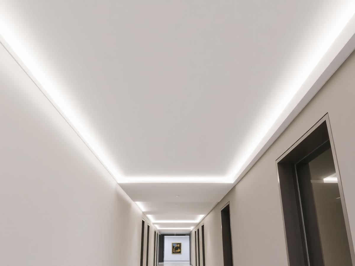 Corredor com forro de gesso e iluminação linear