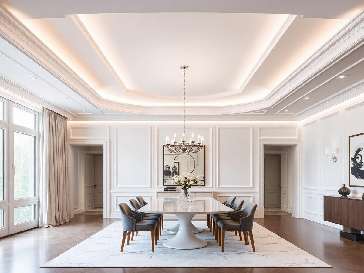 Sala de jantar com detalhes em gesso no teto
